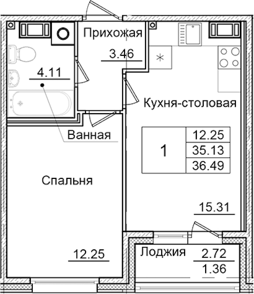 1-комнатная квартира 36.49 м², 2/9 эт., ЖК «Квартал Заречье»